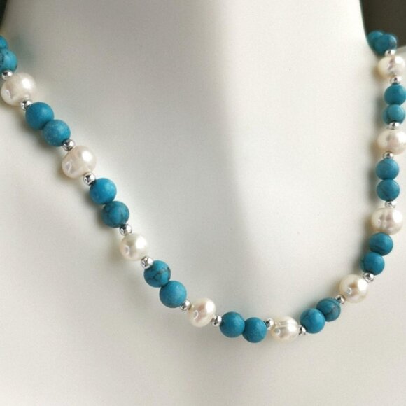 Turquoise White Freshwater Pearl Necklace 🆕 - Picture 7 of 7